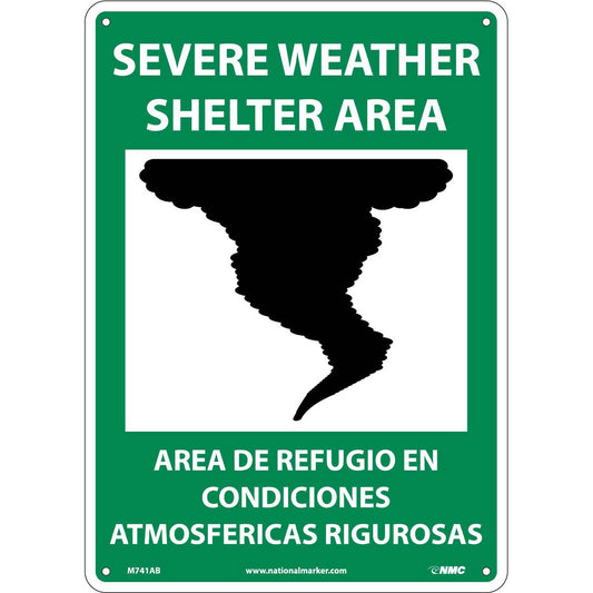 NMC™ 14" X 10" White .04" Aluminum Bilingual Sign "SEVERE WEATHER SHELTER AREA AREA DE REFUGIO EN CONDICIONES ATMOSFERICAS RIGUROSAS"