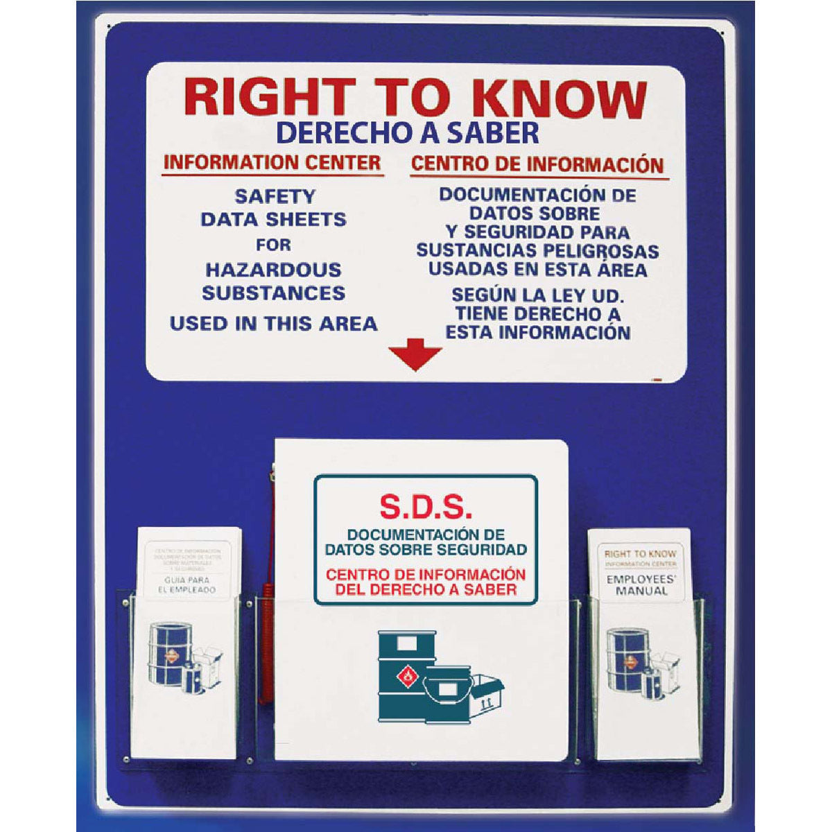 NMC™ 30" X 24" White Acrylic Spanish/English Bilingual Right To Know Center "RIGHT TO KNOW INFORMATION CENTER SAFETY DATA SHEETS FOR HAZARDOUS SUBSTANCES USED IN THIS AREA CENTRO DE INFORMACION DOCUMENTACION DE DATOS SOBRE SEGURIDAD PARA SUSTANCIAS…"