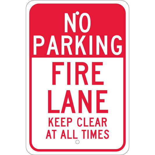 NMC™ 18" X 12" White .08" Aluminum Parking And Traffic Sign "NO PARKING FIRE LANE KEEP CLEAR AT ALL TIMES"
