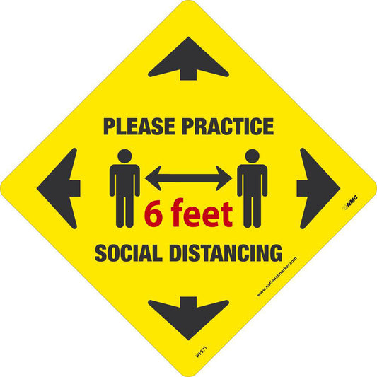 AccuformNMC™ 12" X 12" Yellow/Black Walk-On™ Non-Skid Textured Vinyl "PLEASE PRACTICE 6 feet SOCIAL DISTANCING (With Directional Arrow Pictogram)"