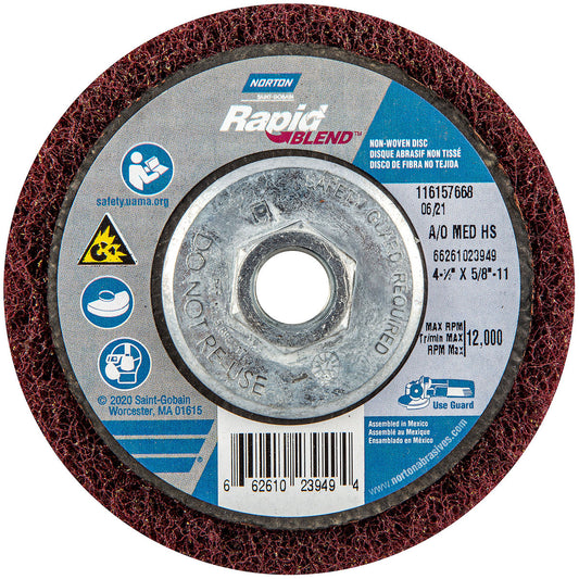 Norton® 4 1/2" X 5/8" Medium Grade Aluminum Oxide Bear-Tex High Strength Rapid Blend Red Non-Woven Depressed Center Disc