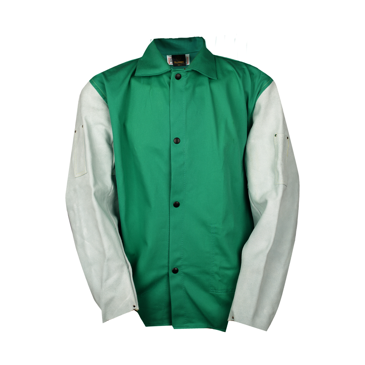 Tillman® 3X Green Westex® FR-7A®/Cotton/Cowhide Flame Resistant Jacket With Snap Closure And Cowhide Sleeves