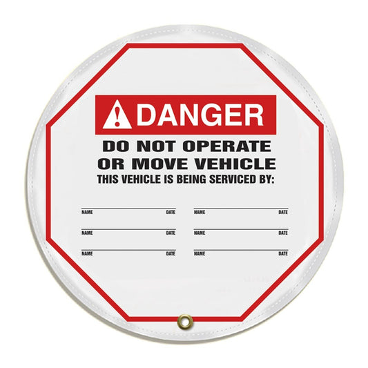 AccuformNMC™ 24" White/Black/Red Vinyl Lockout Cover "DANGER - DO NOT OPERATE OR MOVE VEHICLE THIS VEHICLE IS BEING SERVICED BY: ___"