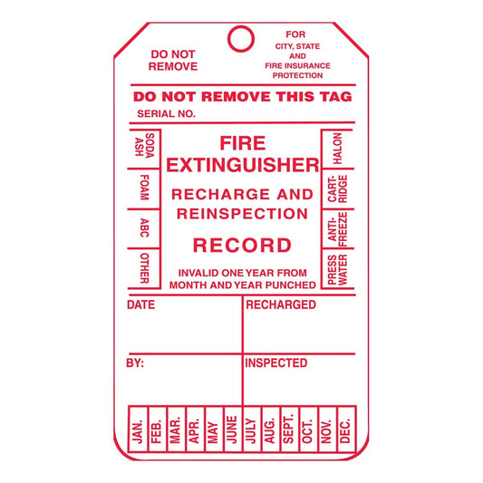 AccuformNMC™ 5 3/4" X 3 1/4" Red/White PF-Cardstock Fire Inspection Tag "FIRE EXTINGUISHER RECHARGE AND REINSPECTION RECORD"