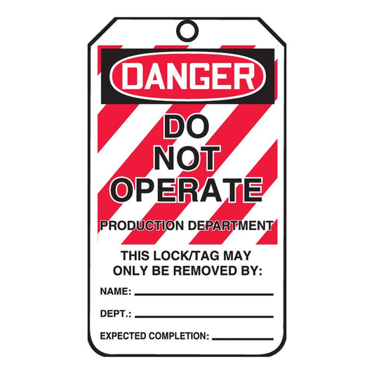 AccuformNMC™ 5 3/4" X 3 1/4" Black/Red/White RP-Plastic Lockout/Tagout Tag "DANGER DO NOT OPERATE PRODUCTION DEPARTMENT THIS LOCK/TAG MAY ONLY BE REMOVED BY: NAME___DEPT.:___EXPECTED COMPLETION:___/DANGER THIS ENERGY SOURCE HAS BEEN LOCKED OUT!..."