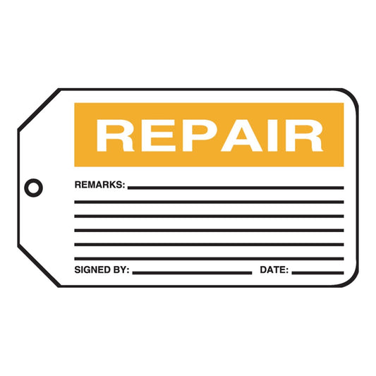 AccuformNMC™ 5 3/4" X 3 1/4" Black/Orange/White PF-Cardstock Safety Tag "REPAIR REMARKS:___SIGNED BY:___DATE:___"