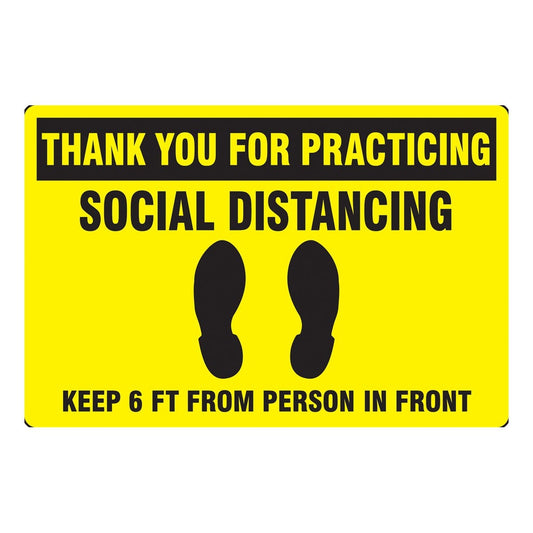 AccuformNMC™ 12" X 18" Black/Yellow Slip-Gard™ Vinyl Social Distancing Sign "THANK YOU FOR PRACTICING SOCIAL DISTANCING KEEP 6 FT FROM PERSON IN FRONT. Yellow"