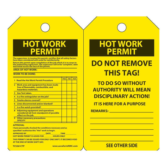 AccuformNMC™ 5 3/4" X 3 1/4" Black/Yellow PF-Cardstock Hot Work Status Tag "HOT WORK PERMIT"