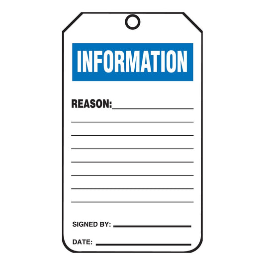 AccuformNMC™ 5 3/4" X 3 1/4" Black/Blue/White RP-Plastic Information Status Tag "INFORMATION REASON:___SIGNED BY:___DATE:___/INFORMATION DO NOT REMOVE THIS TAG! REASON:___"
