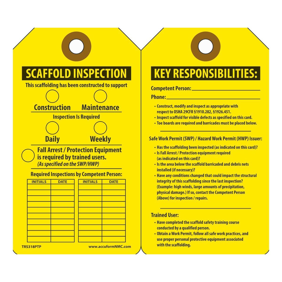 AccuformNMC™ 5 3/4" X 3 1/4" Black/Yellow RP-Plastic Scaffold Status Tag "SCAFFOLD INSPECTION THIS SCAFFOLDING HAS BEEN CONSTRUCTED TO SUPPORT"