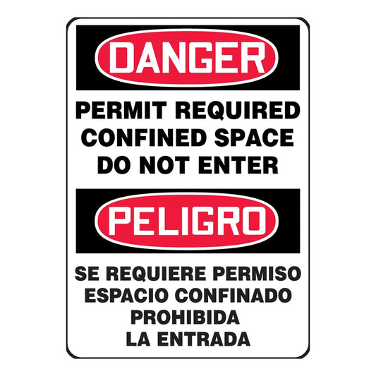 Accuform Signs® 14" X 10" Black/Red/White Aluminum Bilingual/Safety Sign "DANGER PERMIT REQUIRED CONFINED SPACE DO NOT ENTER"