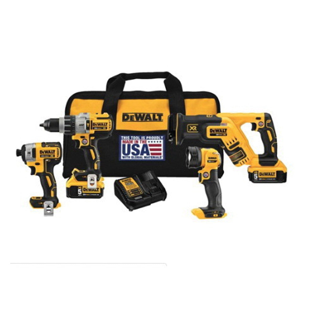Dewalt DCK494P2 20V MAX XR 4-Tool Combination Kit W/ (2) 5Ah Batteries, Charger and Contractor Bag