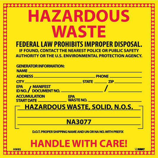 AccuformNMC™ 6" X 6" Black/Red/Yellow Adhesive Backed Vinyl (25 Per Pack) "HAZARDOUS WASTE FEDERAL LAW PROHIBITS IMPROPER DISPOSAL"