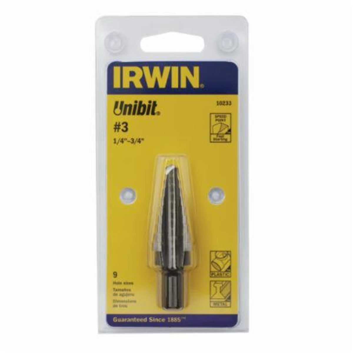Irwin® 10233 Unibit Fractional Self-Starting Step Drill, #3, 1/4 in Dia Min Hole, 3/4 in Dia Max Hole, 9 Steps