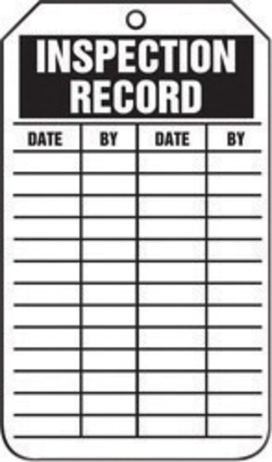 Accuform Signs® 5 3/4" X 3 1/4" Black And White HS-Laminate English Equipment Status Tag "INSPECTION RECORD" With Pull-Proof Metal Grommeted 3/8" Reinforced Hole (25 Per Pack)