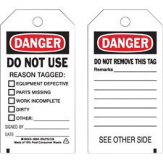 Brady® 5 3/4" X 3" Black/Red/White Rigid Paper Accident Prevention Tag (100 Per Pack) "DO NOT USE REASON TAGGED___*EQUIPMENT DEFECTIVE *PARTS MISSING *WORK INCOMPLETE *DIRTY *OTHER SIGNED BY___DATE___"