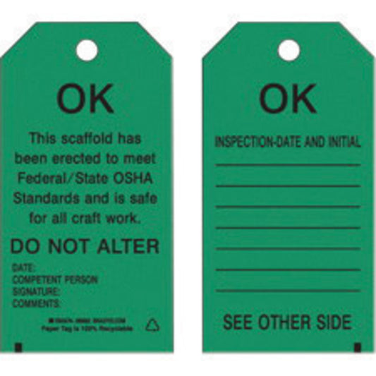 Brady® 5 3/4" X 3" Black/Green Rigid Paper Tag (100 Per Pack) "THIS SCAFFOLD HAS BEEN ERECTED TO MEET FEDERAL/STATE OSHA STANDARDS AND IS SAFE FOR ALL CRAFT WORK.  DO NOT ALTER DATE___COMPETENT PERSON___SIGNATURE___COMMENTS___"