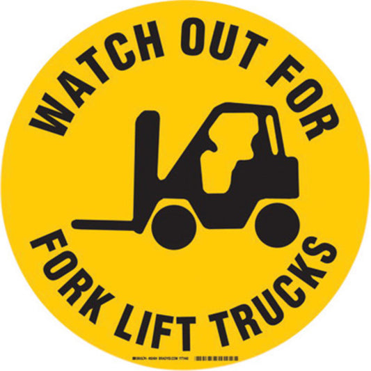 Brady® 17" Dia Black And Yellow 0.0118" Anti-Slip Vinyl Floor Safety Sign "WATCH OUT FOR FORKLIFT TRUCKS"
