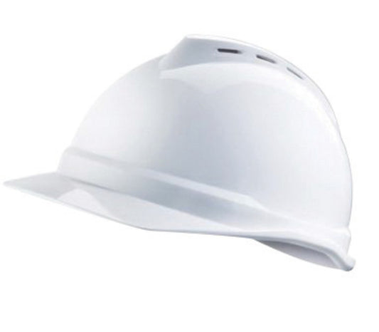 MSA White V-Gard® Polyethylene Cap Style Hard Hat With Ratchet/6 Point Ratchet Suspension