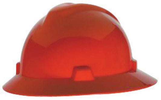 MSA Orange V-Gard® Polyethylene Full Brim Hard Hat With Ratchet/4 Point Ratchet Suspension