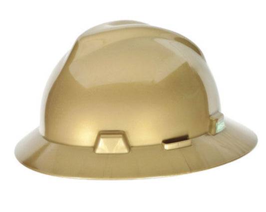 MSA Yellow V-Gard® Polyethylene Full Brim Hard Hat With Ratchet/4 Point Ratchet Suspension