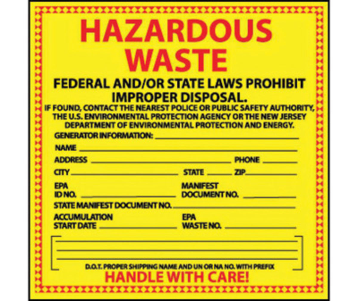 AccuformNMC™ 6" X 6" Black/Red/Yellow Pressure Sensitive/Adhesive Backed Paper (500 Per Roll) "HAZARDOUS WASTE NEW JERSEY"
