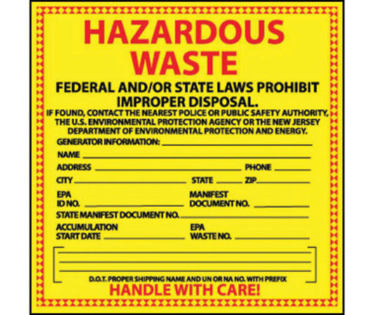 AccuformNMC™ 6" X 6" Black/Red/Yellow Pressure Sensitive/Adhesive Backed Paper (500 Per Roll) "HAZARDOUS WASTE NEW JERSEY"