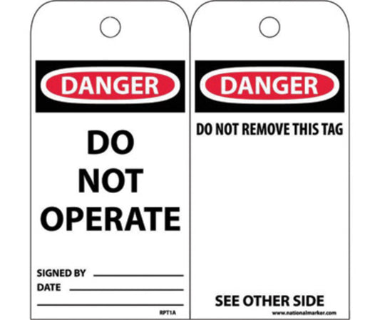 AccuformNMC™ 6" X 3" Black/Red/White Unrippable Vinyl (25 Per Pack) "DO NOT OPERATE SIGNED BY ____ DATE ____"