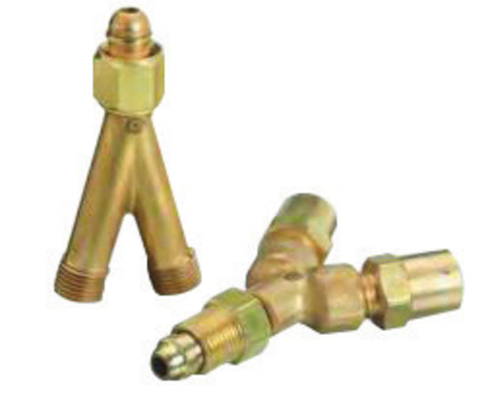 Western CGA-022 "B" 9/16" - 18 Female RH Inlet X "B" 9/16" - 18 Male RH Outlet Brass 200 psig Hose Y Connector