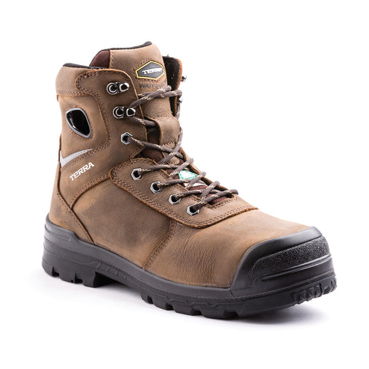 TERRA Size 9 Brown Marshal Leather Composite Toe Safety Boots With High Traction, Anti F.O.D. Slip Resistant Rubber Outsole