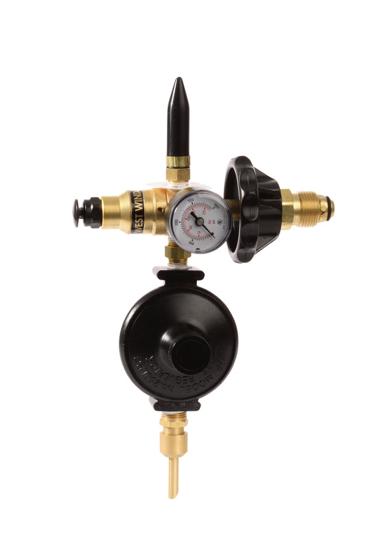 Western 38 - 85 psi Dual Latex And Foil Balloon Inflator With Tapered Tilt Valve, Contents Gauge And Hand Tight Connection And Ribbon Cutter, CGA-580 Inlet Fitting